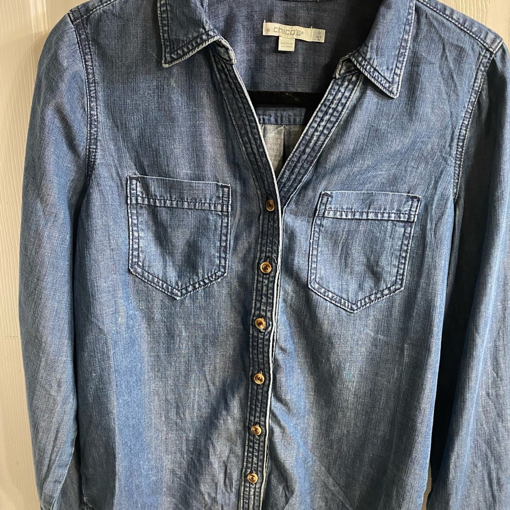 Chico's Washed Denim Button-Front Shirt in Medium Blue